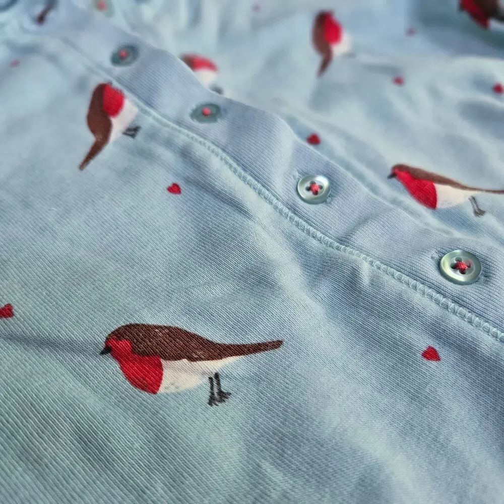 Mini Boden Robin Bird Print Henley Union Suit Pajamas Blue Size 13Y / 158 cm